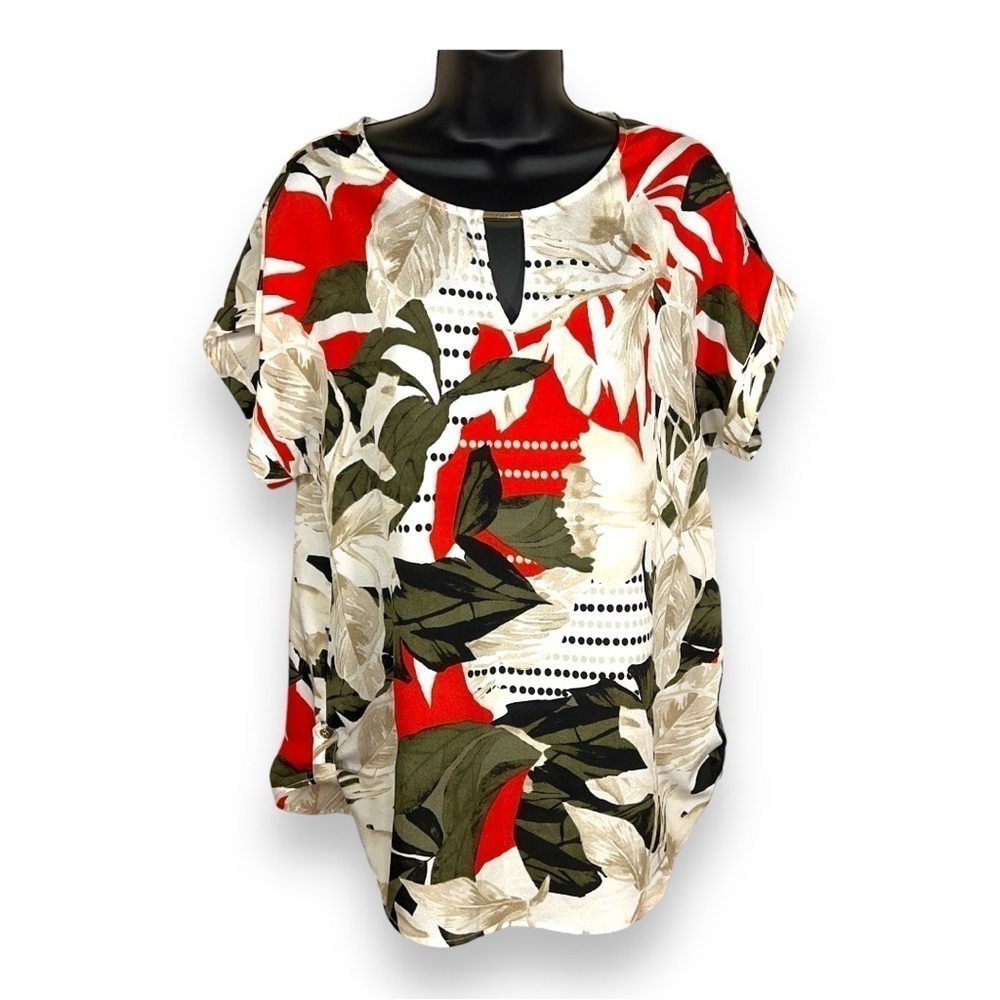 MEDIUM CALVIN KLEIN TROPICAL PRINT SHORT SLEEVE BLOUSE BEIGE RED GREEN LEAF